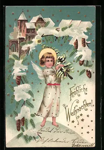 AK Kleiner Weihnachtsengel mit Tannenbaum, Kirche und Sternenhimmel