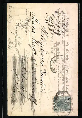 AK Kleiner Weihnachtsengel mit Tannenbaum, Kirche und Sternenhimmel