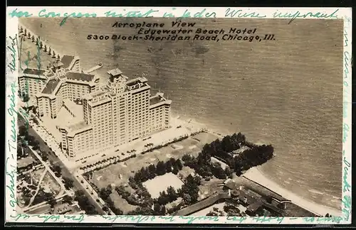 AK Chicago, IL, Edgewater Beach Hotel, Aeroplane View