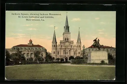 AK New Orleans, LA, Jackson Square, showing Jackson Monument, St. Louis Cathedral and Cabildo
