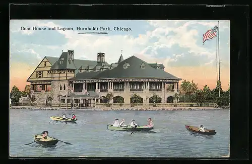AK Chicago, IL, Boat House and Lagoon, Humbolt Park, Boote, amerikanische Flagge
