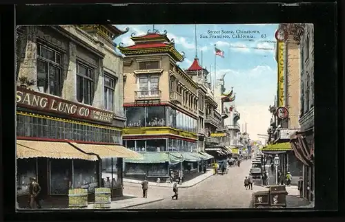 AK San Francisco, CA, Geschäft Sang Lung Co., Street Scene in Chinatown, Strassenpartie
