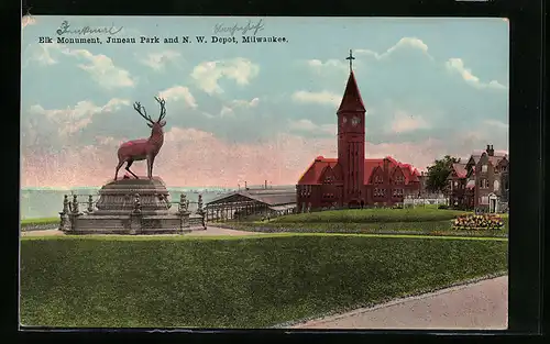 AK Milwaukee, WI, Elk Monument, Juneau Park and N. W. Depot