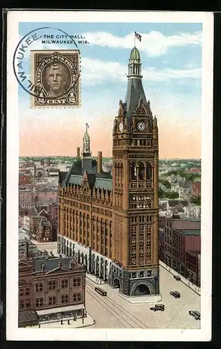 AK Milwaukee, WI, City hall, Strassenbahn