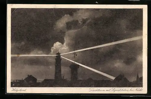 AK Helgoland, Leuchtturm mit Signalstation bei Nacht