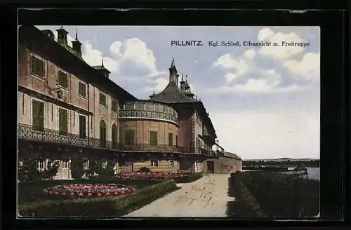 AK Dresden-Pillnitz, Kgl. Schloss, Elbansicht m. Freitreppe