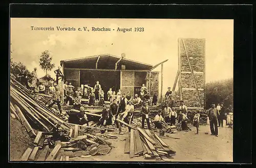 AK Rotschau, der Turnverein Vorwärts e.V., in der Ruine im August 1923