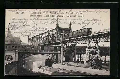 AK Berlin-Kreuzberg, Kreuzung von Hochbahn, Eisenbahn, Strasse und Landwehrkanal