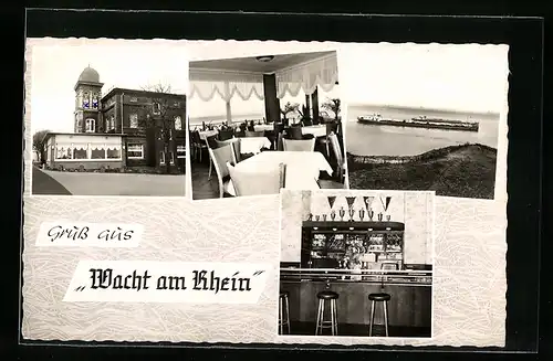 AK Büderich bei Wesel, Gasthaus Rheinterrasse Wacht am Rhein E. Hüttner, Rheinblick mit Frachter