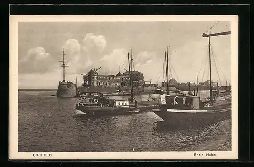 AK Crefeld, Rheinhafen mit Segelschiffen