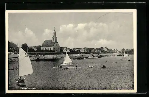 AK Mainz-Ginsheim, Gesamtansicht, Segelboote