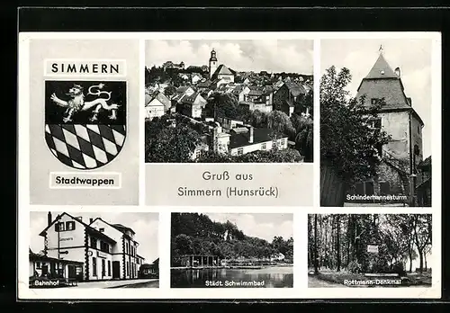 AK Simmern / Hunsrück, Bahnhof, Städt. Schwimmbad, Rottmann-Denkmal, Schinderhannesturm, Stadtwappen