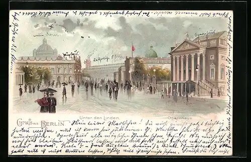 Lithographie Berlin, Regen unter den Linden mit Opernhaus
