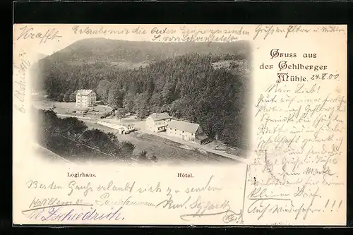 AK Gehlberg, Hotel und Logirhaus Gehlberger Mühle aus der Vogelschau