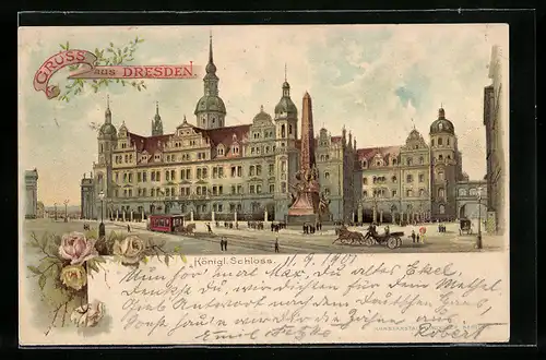 Künstler-AK Dresden, Königliches Schloss mit Denkmal und Pferdebahn