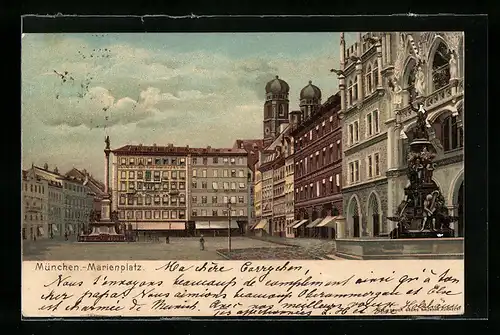 Lithographie München, Marienplatz mit Denkmal und Brunnen