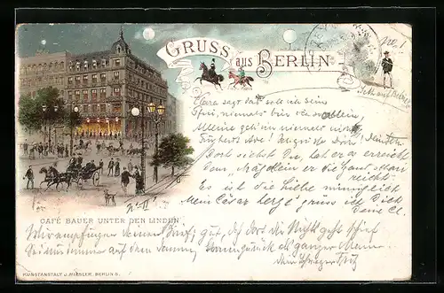Lithographie Berlin, Cafe Bauer Unter den Linden bei Nacht