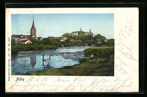 Goldfenster-AK Plön, Ortsansicht hinter Wasser, mit leuchtenden Fenstern