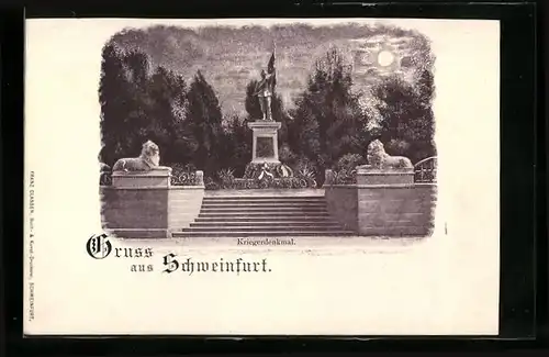 Lithographie Schweinfurt, Das Kriegerdenkmal im Licht des Mondes