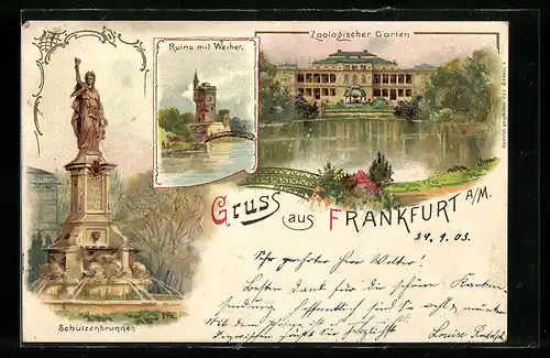 Lithographie Frankfurt-Ostend, Zoologischer Garten, Ruine mit Weiher und Schützenbrunnen