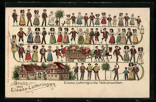 AK Gruss aus Elsass-Lothringen, Elsass-Lothringische Volkstrachten