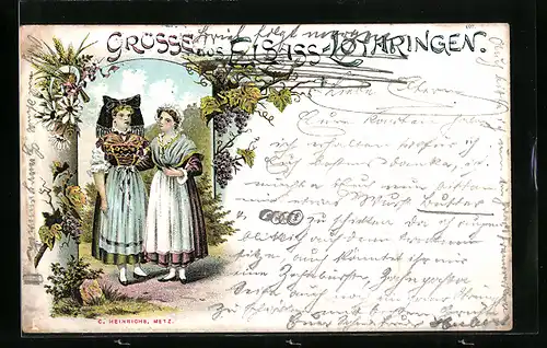 Lithographie Elsass-Lothringen, Zwei Damen in elsass-lothringischer Tracht im Garten
