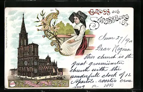 Lithographie Strassburg, Blick auf das Münster, Frau in Tracht