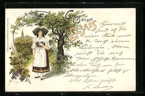 Lithographie Maid in elsass-lothringischer Tracht