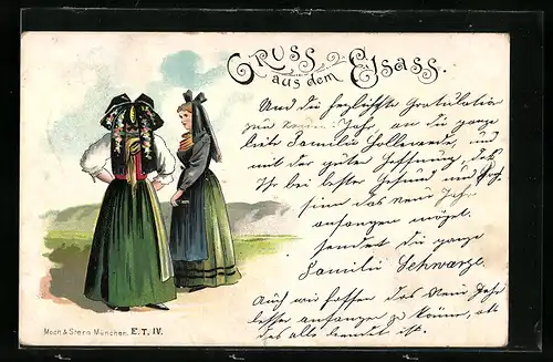 Lithographie Elsass, Zwei Bürgerinnen in grünen elsass-lothringischen Trachten