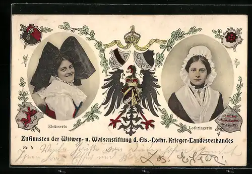 AK Damen in elsass-lothringischer Tracht, Witwen- u. Wasienstiftung d. Els.-Lothr. Krieger-Landesverbandes, Wappen