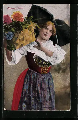 Künstler-AK elsass-lothringische Tracht, junge Frau mit einem Korb voller Blumen