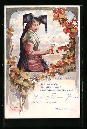 AK Dame in Schwarzwälder Tracht mit einem Glas Wein