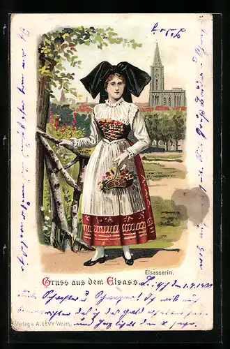 Künstler-AK Junge Frau in elsässer Tracht mit Blumenkorb