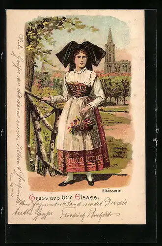 Lithographie Elsässerin mit Blumenkorb