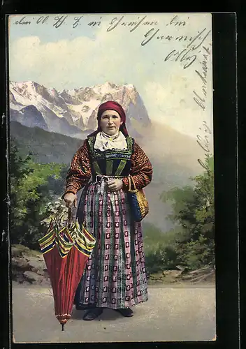 AK Frau in bayerischer Tracht mit Schirm