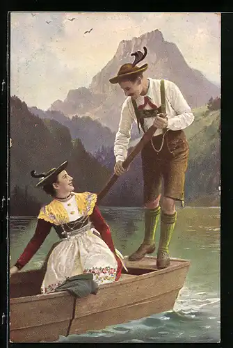 AK Liebespaar im Ruderboot trägt bayrische Trachten