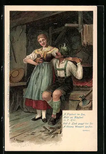 Lithographie Pärchen in bayerischer Tracht, Gedicht