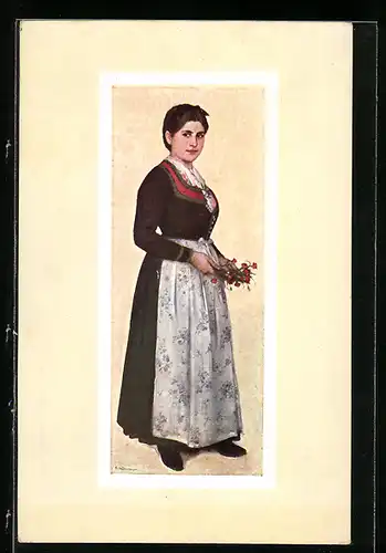 Künstler-AK Dame in bayerischer Tracht mit Rosenstrauss