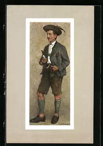 Künstler-AK Seppel mit Pfeife in bayerischer Tracht