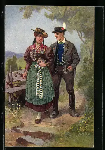 Künstler-AK Bayerisches Paar in Tracht aus dem Unterinntal
