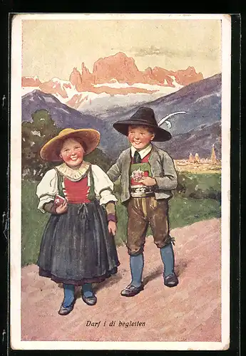 Künstler-AK Karl Feiertag: Mann und Frau in Tracht beim Wandern