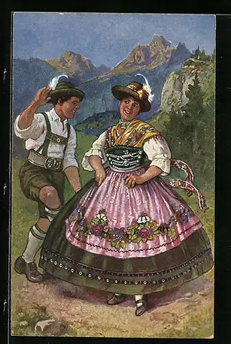 Künstler-AK Paar in bayerischer Tracht beim Schuhplattlern