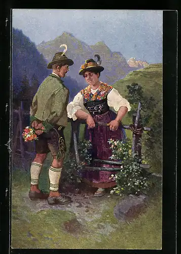 Künstler-AK Lengries, Paar in bayerischer Tracht unterhält sich am Holzzaun
