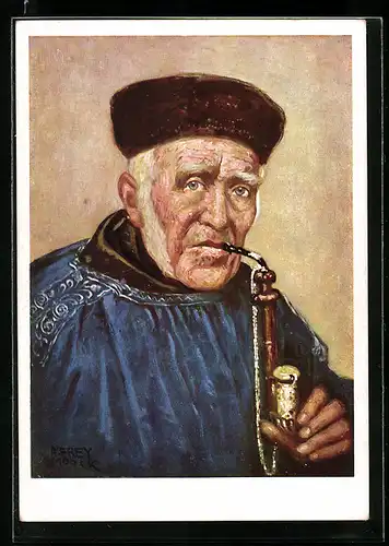 Künstler-AK Alter Rieser in Volkstracht mit Pfeife