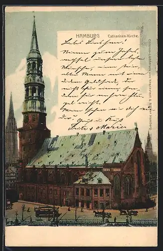 AK Hamburg, Strassenbahn an der Catharinen-Kirche