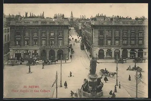 AK Reims, Place Royale et Rue Colbert, Strassenbahn