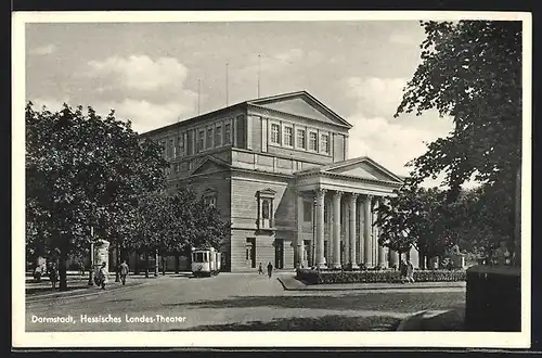 AK Darmstadt, Hessisches Landes-Theater mit Strassenbahn