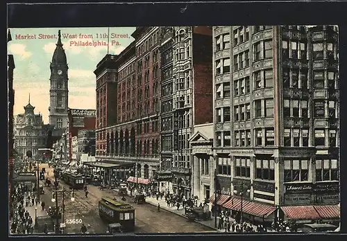 AK Philadelphia, Pa., Market Street West from 11th Street, Strassenbahn