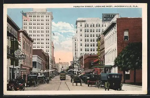 AK Jacksonville, Fla., Forsyth Street, Looking West, Strassenbahn
