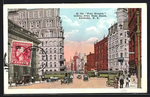AK Rochester, NY, At the Four Corners, looking down State Street, Strassenbahn